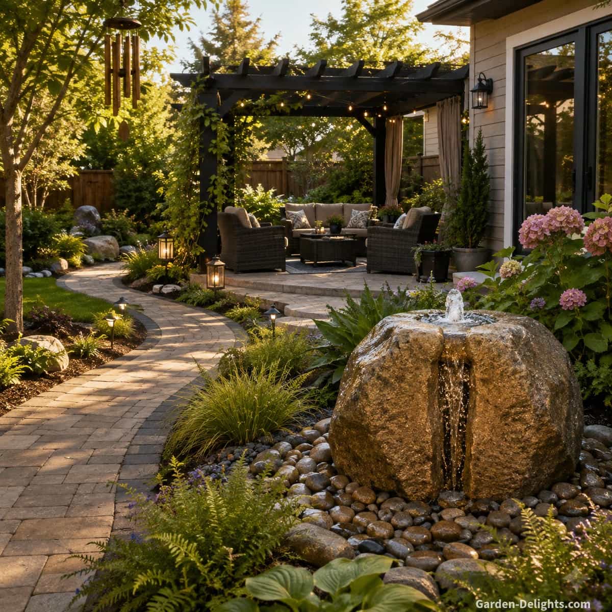 Natural bubbling rock fountain beside a curved garden pathway with river rock, ornamental grasses, nearby seating and open views through a realistic backyard landscape