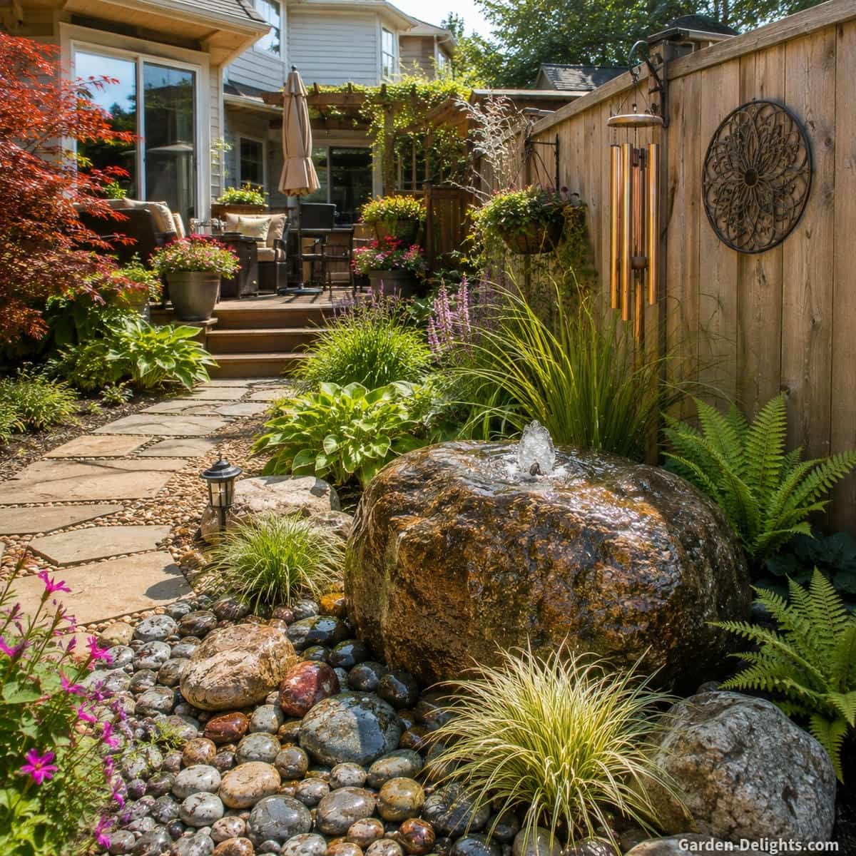 Bubbling rock water fountain landscaped along a backyard fence beside a curved stone pathway with colorful river rock, ornamental grasses, ferns, copper wind chimes and garden decor