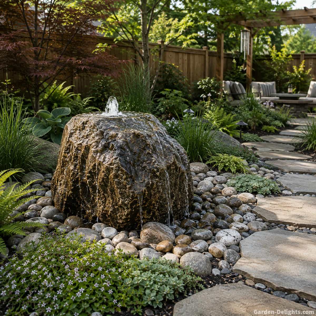 Weathered bubbling boulder fountain framed by open river rock, ornamental grasses, ferns, low groundcovers, stepping stones and restrained naturalistic backyard planting