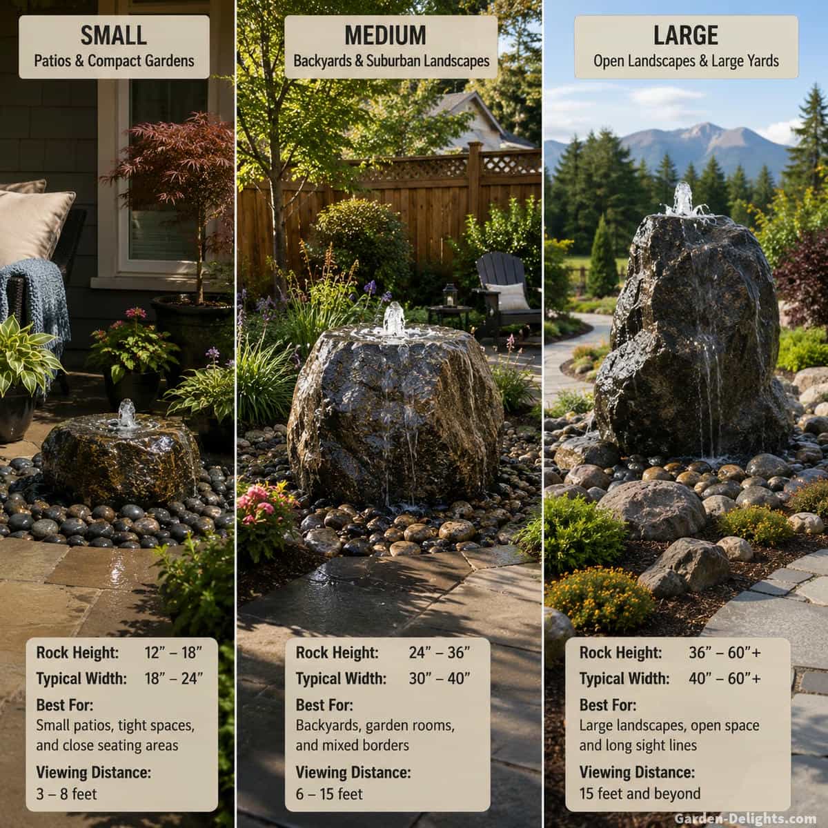 Bubbling rock fountain size comparison showing a low bubbling stone in a small patio garden, medium granite boulder in a suburban backyard and larger natural rock fountain in an open landscape