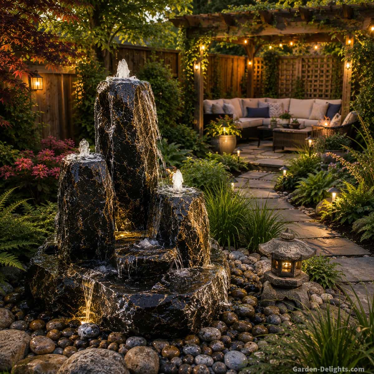 Dark bubbling rock water fountain with gold veining surrounded by river rock, ornamental grasses and ferns beside a garden pathway leading to a shaded pergola seating area