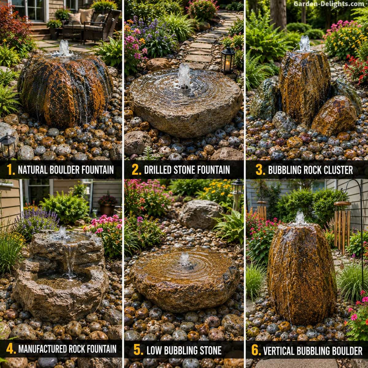Bubbling rock fountain comparison with natural boulder, drilled stone, rock cluster, low bubbling stone, vertical boulder and manufactured rock fountain designs