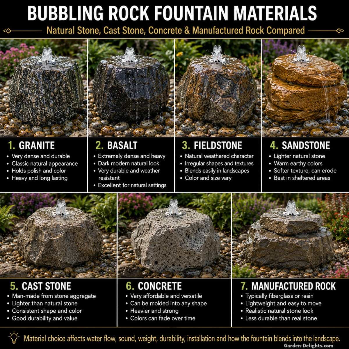 Bubbling rock fountain materials showing wet granite, basalt, weathered fieldstone, sandstone, cast stone, concrete and manufactured rock with different water flow patterns