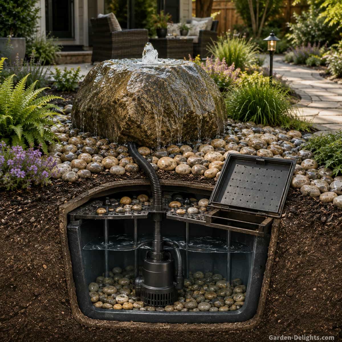 Bubbling rock fountain pump and hidden reservoir cutaway showing natural boulder, flexible tubing, submersible pump, pump vault, support grate, water level, removable access panel and decorative river rock