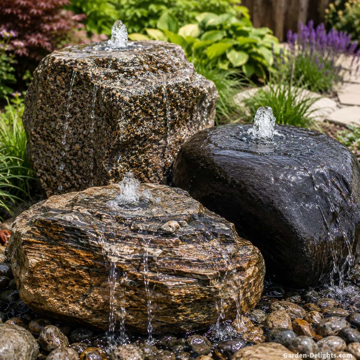 Close view of bubbling water spreading across rough granite, smooth stone and irregular natural rock surfaces showing how stone texture changes fountain flow, trickling, splash and water direction