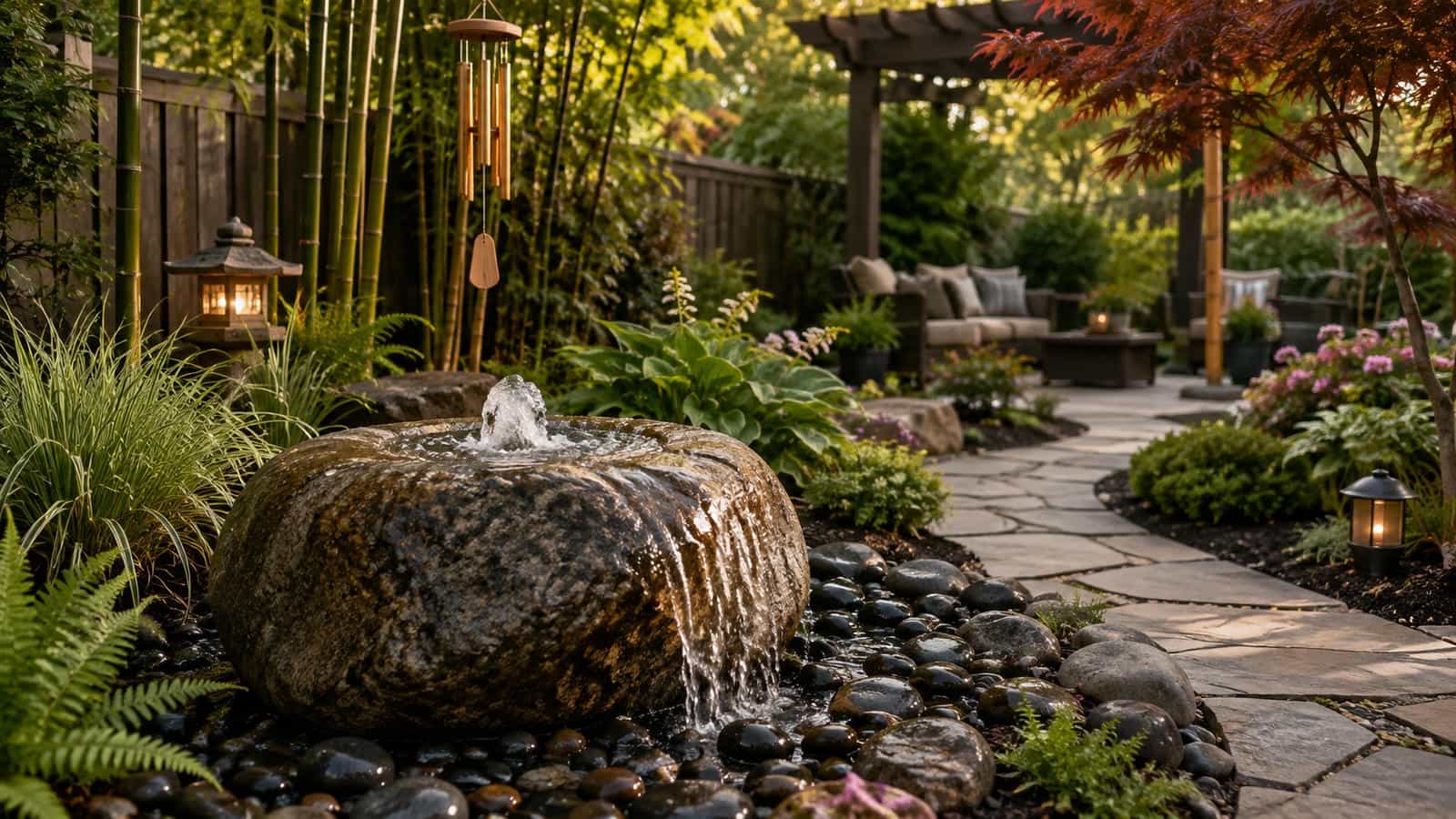 Natural bubbling rock water fountain with water flowing over a weathered granite boulder into river rock beside ornamental grasses, ferns and a curved backyard garden pathway