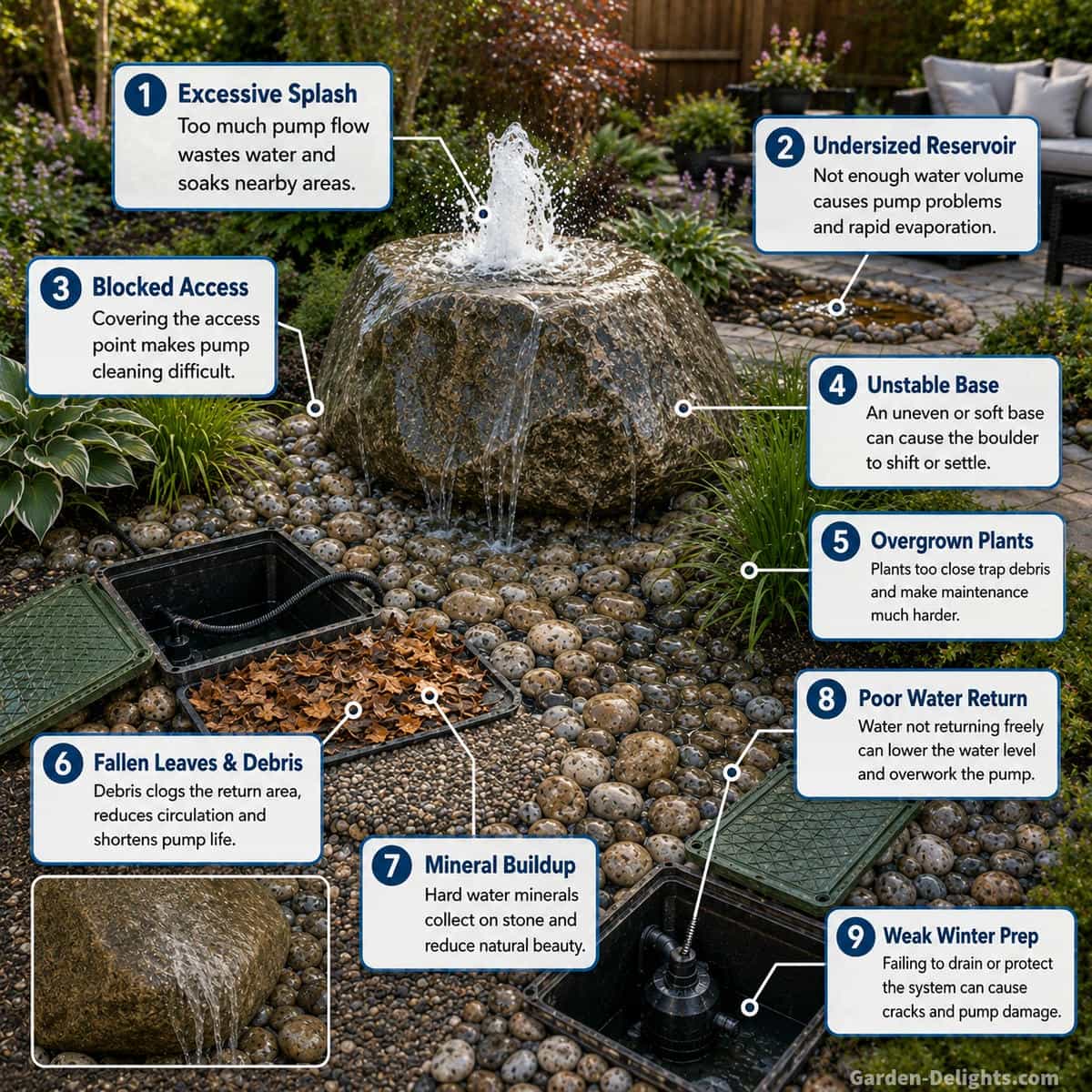Common bubbling rock fountain problems with excessive splash, small reservoir, blocked pump access, unstable boulder support, poor drainage, debris and mineral buildup