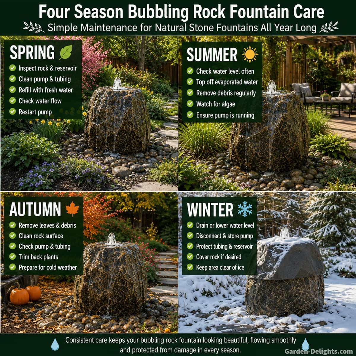 Four season bubbling rock fountain maintenance showing spring pump startup, summer reservoir refilling, autumn leaf removal and winter drainage around natural stone and hidden fountain equipment