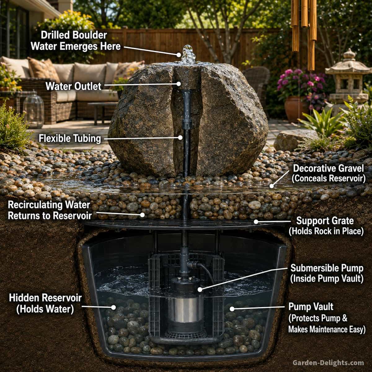 Bubbling rock fountain cutaway showing drilled boulder, water outlet, flexible tubing, submersible pump, support grate, pump vault, gravel and hidden reservoir