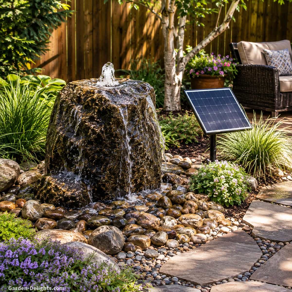 Solar powered bubbling rock fountain in a partially shaded backyard garden with a natural granite boulder and separate solar panel positioned in direct sunlight beside river rock and ornamental grasses