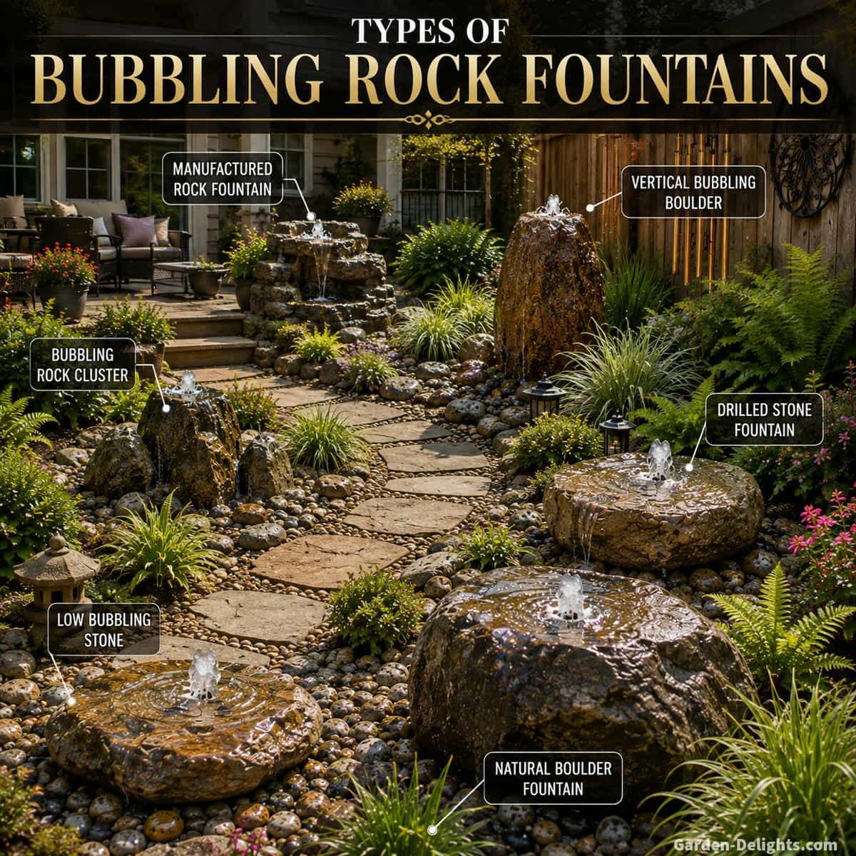 Types of bubbling rock water fountains showing a natural bubbling boulder, drilled stone fountain, bubbling rock cluster, low bubbling stone, vertical rock fountain and manufactured rock water feature