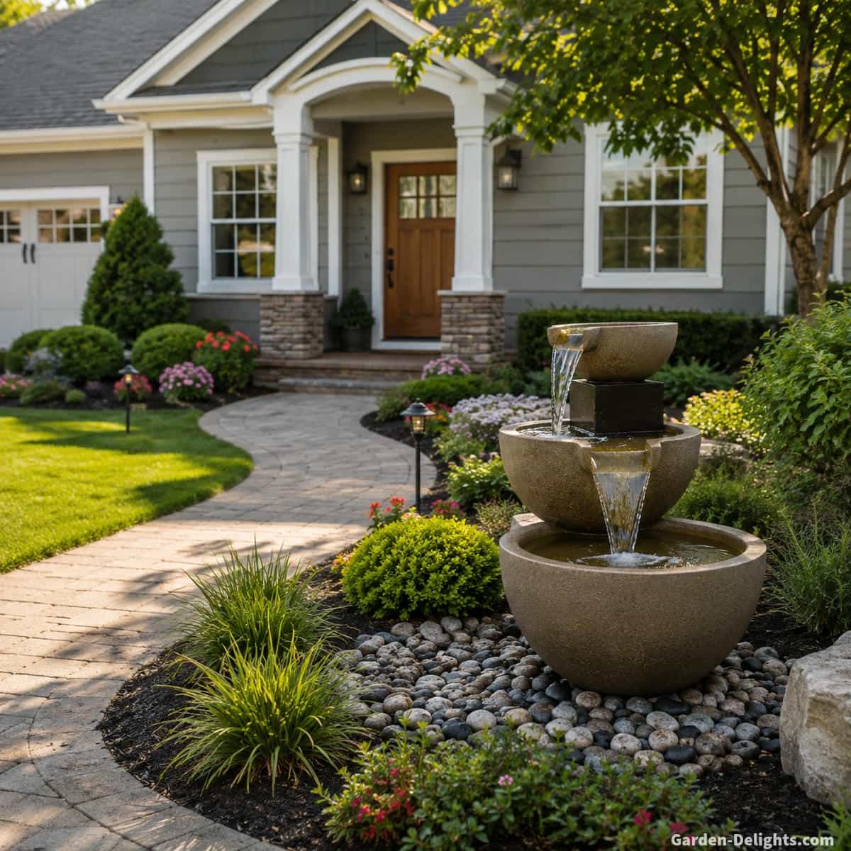Properly scaled front yard water fountain beside a welcoming residential entrance with curved walkway, open lawn, foundation planting and clear views of the front door