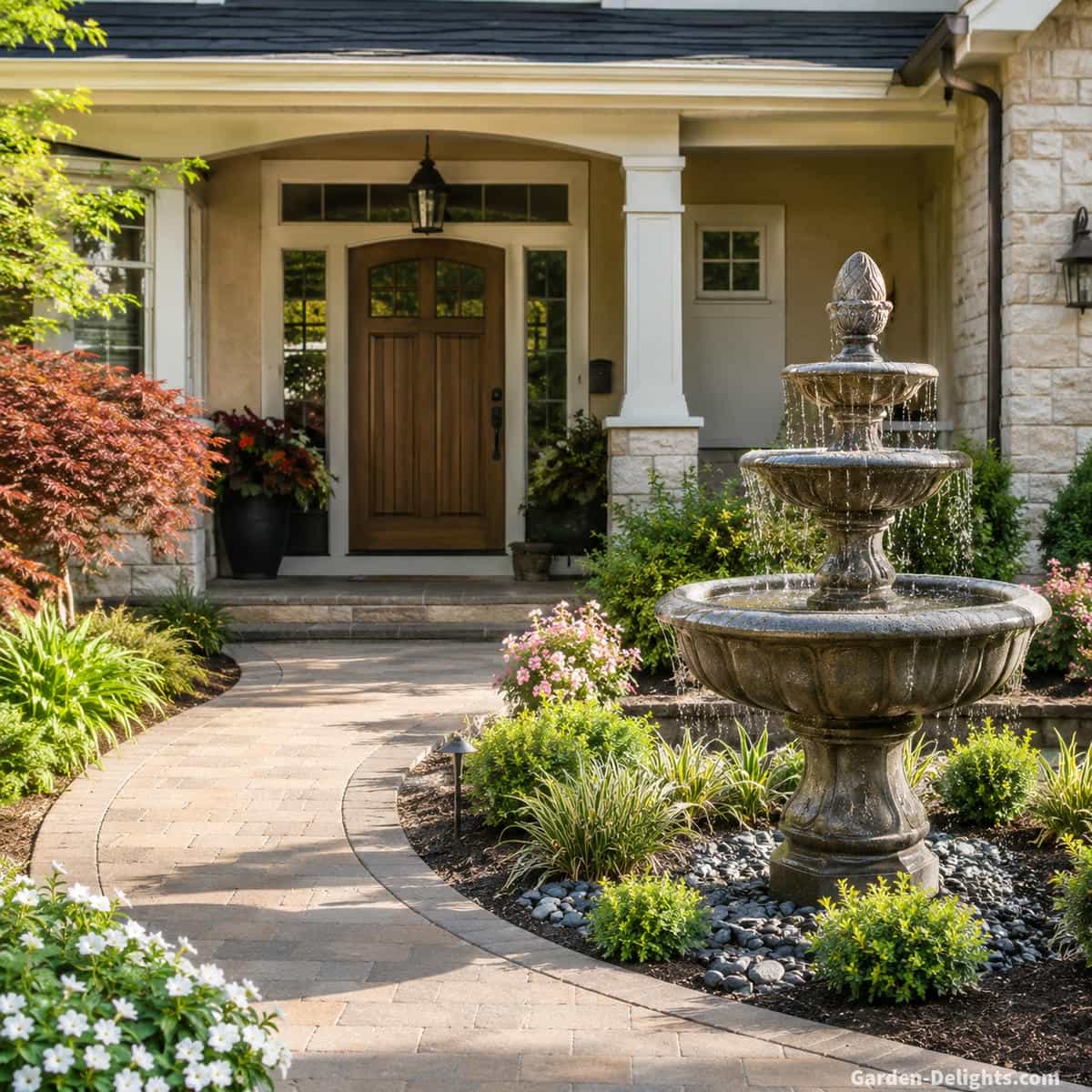 Front entrance water fountain beside a covered porch with clear front door views, curved walkway, low foundation planting, stone edging and gentle moving water creating a calm welcoming arrival