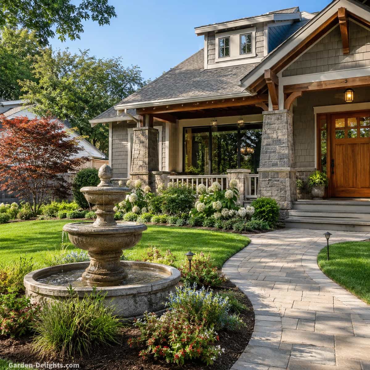 Front yard water fountain matched with a welcoming residential home showing a restrained tiered stone fountain, porch masonry, balanced facade proportions, curved entrance walkway, low shrubs, ornamental grasses and gentle cascading water creating architectural harmony and calm curb appeal