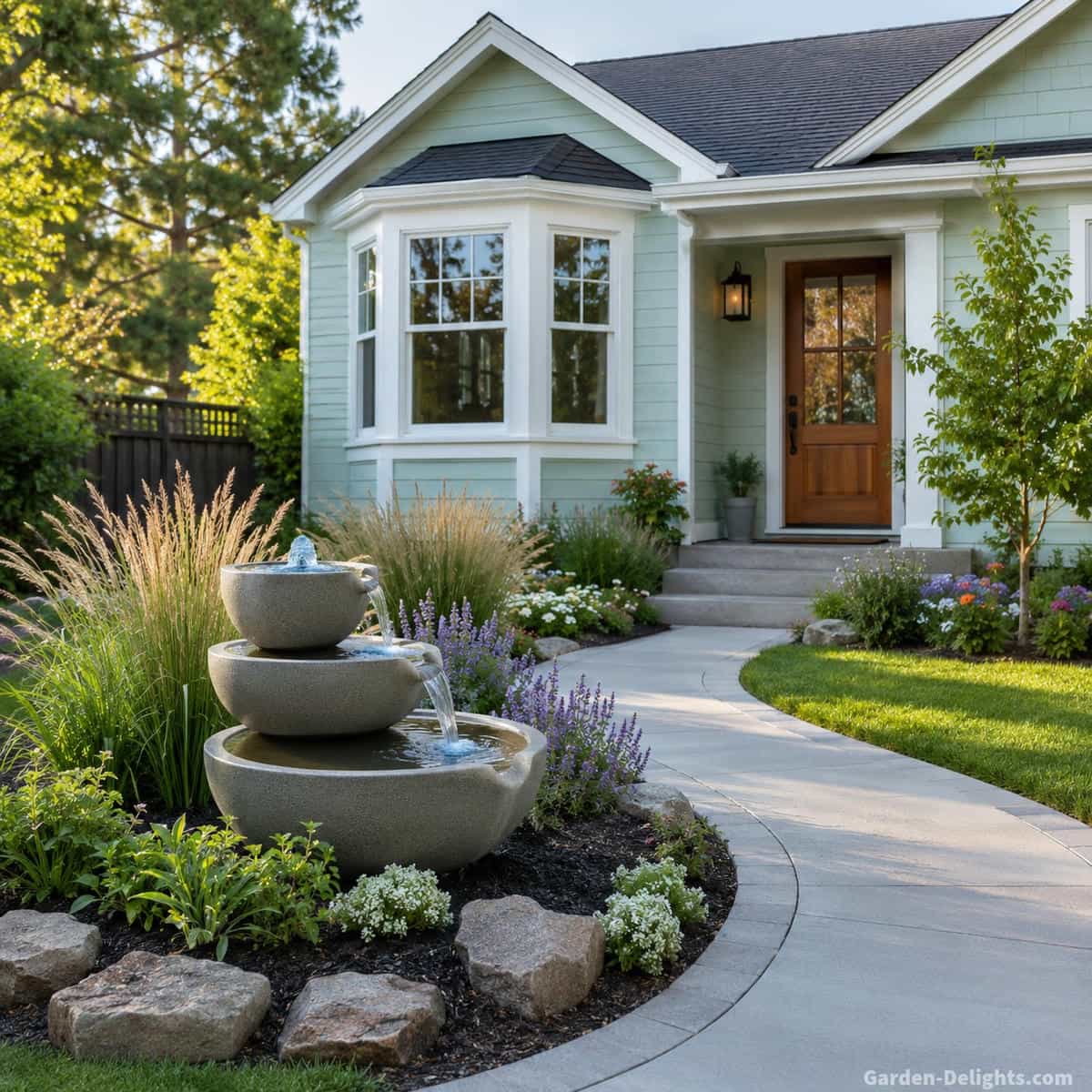 Front yard water fountain beside a wide curved entrance walkway with gentle bubbling water, low flowers, ornamental grasses, stone edging and clear walking space leading toward a welcoming residential front door