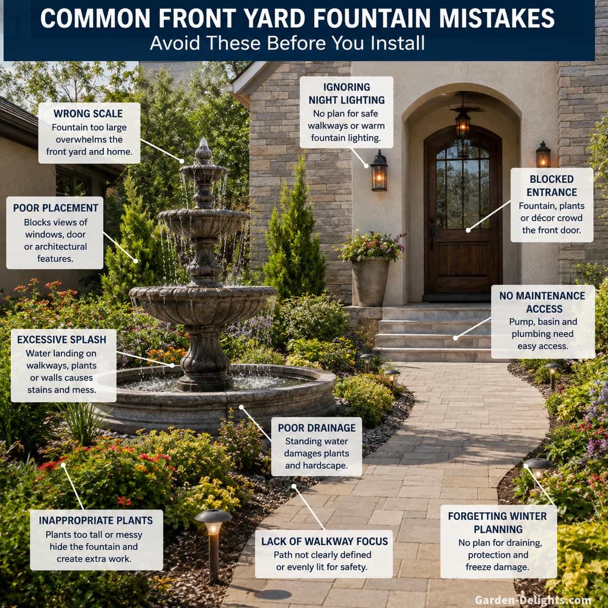 Front yard water fountain planning scene showing balanced residential scale, clear front entrance sightlines, dry walkway, open pump access and simple landscaping around a welcoming water feature