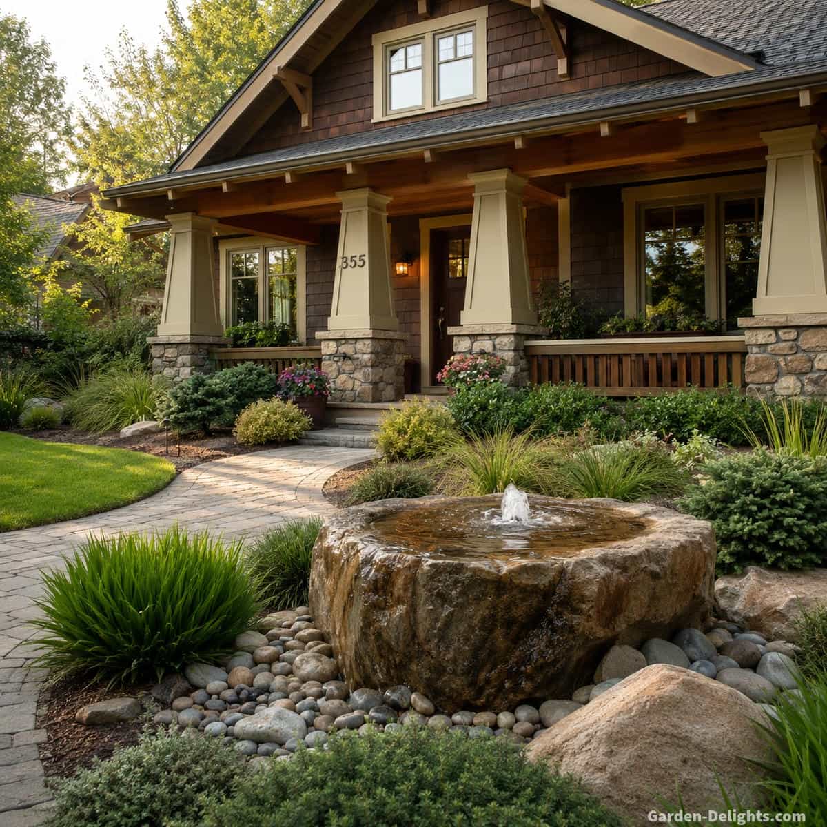 Front yard water fountain matched to a Craftsman inspired home with a natural stone bubbling fountain, porch masonry, warm timber details, curved garden pathway, ornamental grasses and low shrubs creating calm architectural balance and a welcoming entrance