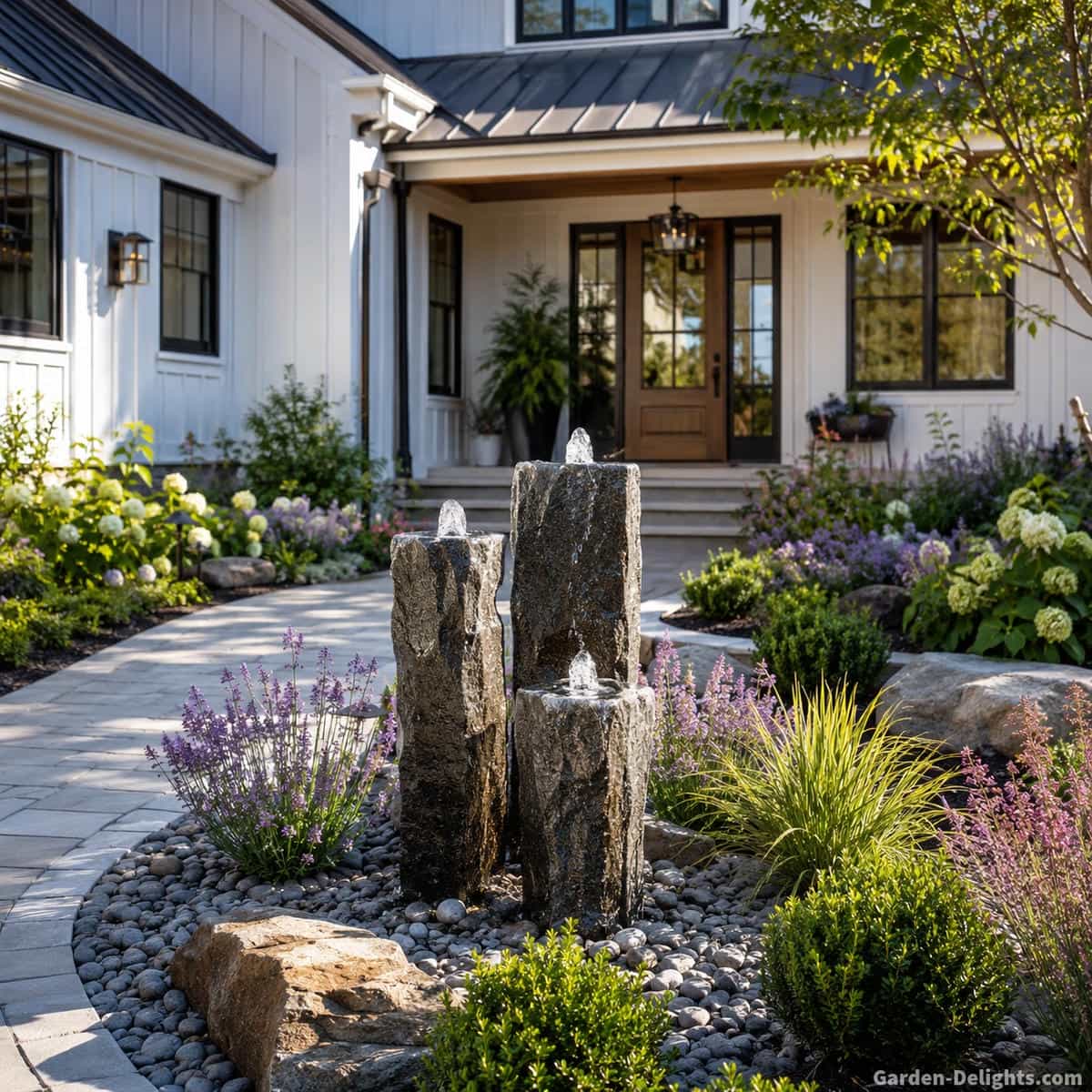 Front yard water fountain framed by low shrubs, flowering perennials, ornamental grasses, river rock and stone edging beside a welcoming entrance walkway with open views and gentle moving water