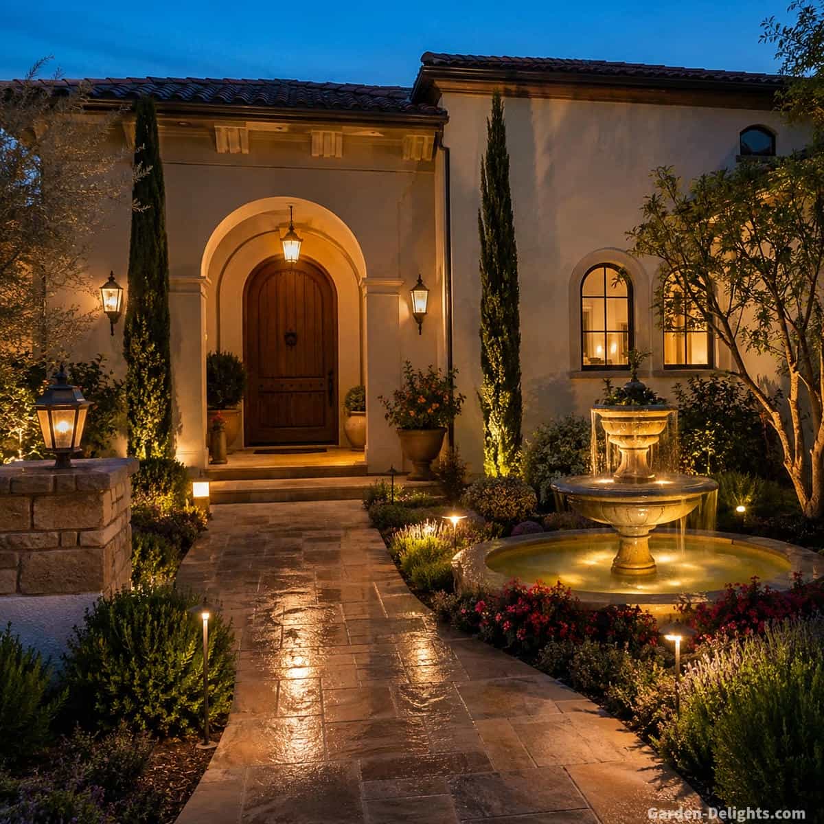 Front yard water fountain with warm uplighting and subtle underwater LED lighting beside a clearly illuminated walkway and front door, showing controlled wet stone reflections, soft moving water and balanced nighttime entrance lighting without harsh glare