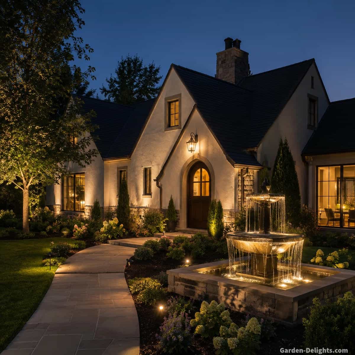 Front yard water fountain illuminated with warm landscape lighting beside a welcoming home entrance with a visible walkway, clear front door, low planting and soft reflections across moving water