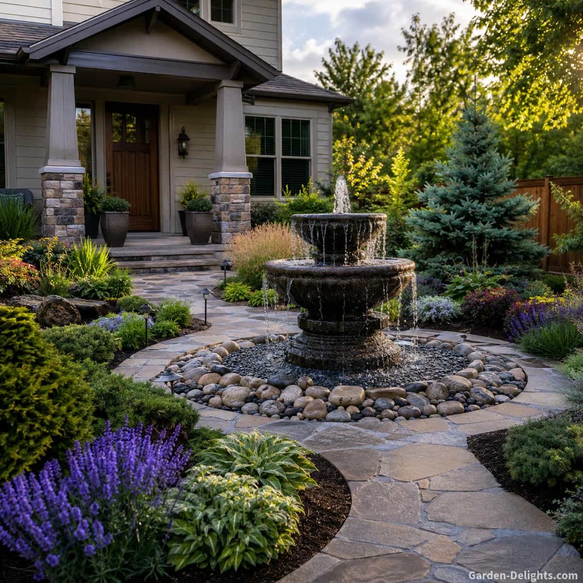 Front yard water fountain framed by low groundcovers, flowering perennials, ornamental grasses, evergreen shrubs and river rock with open splash space, visible maintenance access and balanced mature plant spacing beside a welcoming entrance garden