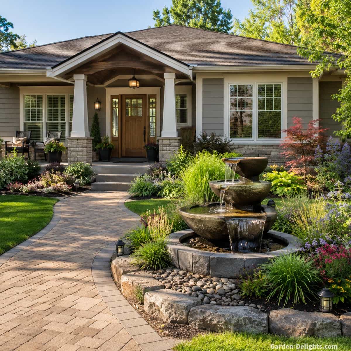 Front yard water fountain beside a curved entrance walkway with clear walking space, visible front door, low ornamental grasses, flowering perennials, natural stone edging and open sightlines creating a peaceful welcoming focal point