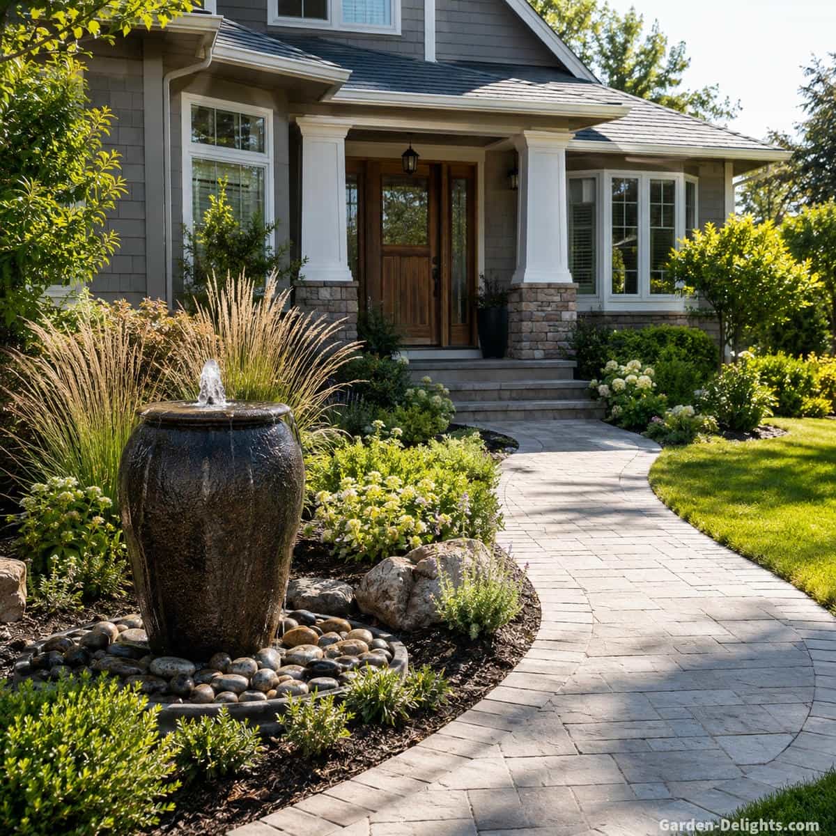 Front yard water fountain beside a curved entrance walkway with layered planting, natural stone, ornamental grasses and gentle moving water creating a calm welcoming approach and balanced landscape focal point