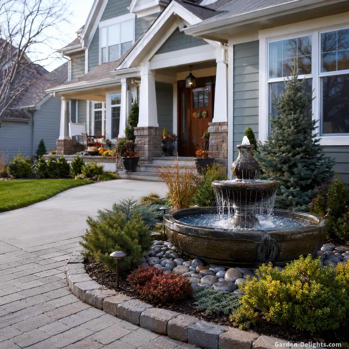 Front yard water fountain in a residential entrance landscape showing four season planning with open snow clearance, evergreen planting, stone edging and protection from driveway salt, wind and seasonal weather
