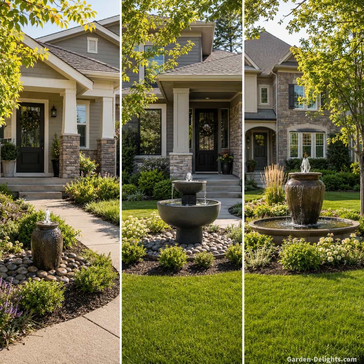 Front yard water fountain size and scale comparison showing small, medium and larger fountain proportions beside realistic residential homes, entrance walkways, lawns and foundation planting