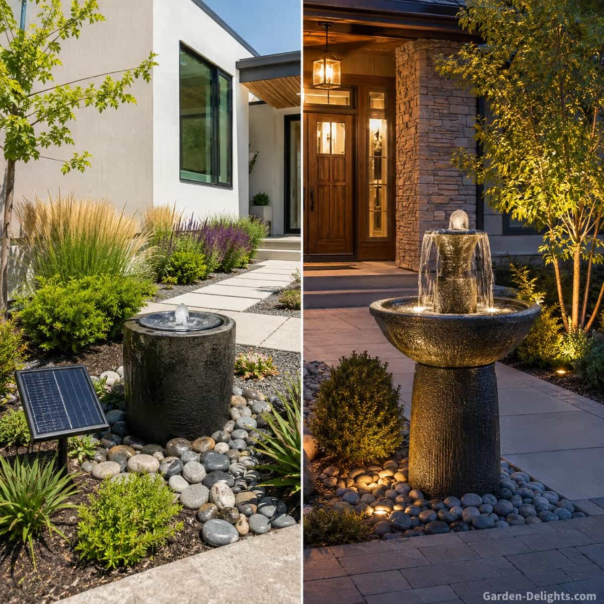 Front yard water fountain power comparison showing a solar fountain with a discreet panel and an electric fountain beside landscaped residential entrances with clear walkways and gentle moving water