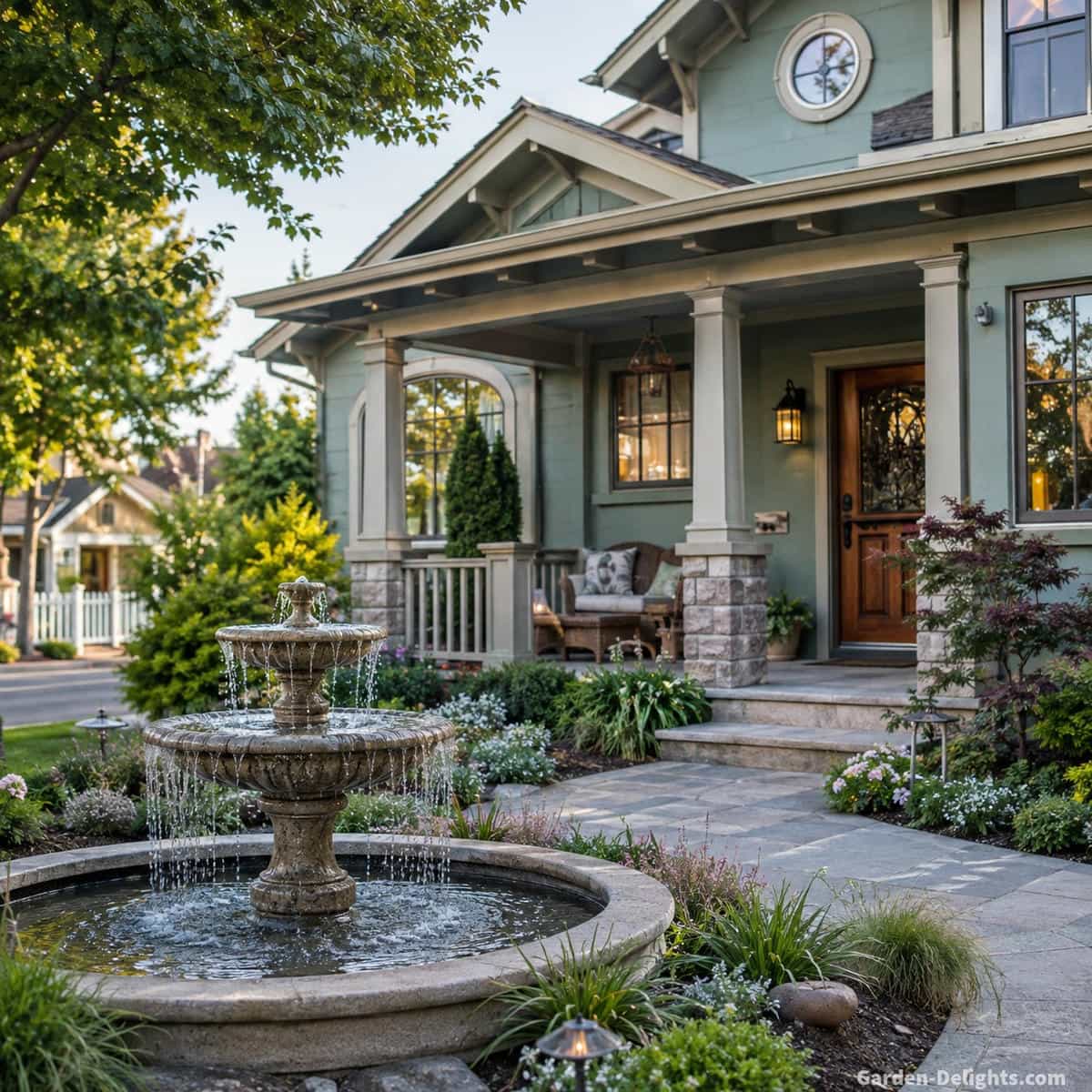 Front yard water fountain beside a welcoming residential entrance with layered cascading water, stone basin, porch seating, low landscaping and gentle water sound helping soften nearby street and traffic noise