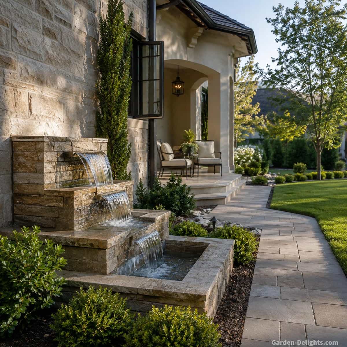 Front yard water fountain beside a stone house wall with gentle cascading water, nearby pavers, porch seating, an open window, low shrubs and open lawn showing how reflective surfaces and listening distance affect relaxing fountain sound