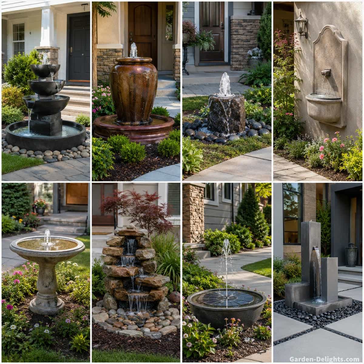 Front yard water fountain comparison showing tiered, urn, bubbling, wall, birdbath, cascading, solar and modern fountain styles beside realistic residential entrances and landscaping