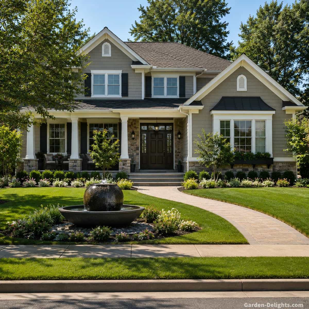 Single front yard water fountain viewed from farther across a residential lawn showing realistic viewing distance, fountain visual mass, home proportion, open landscape space and clear entrance sightlines