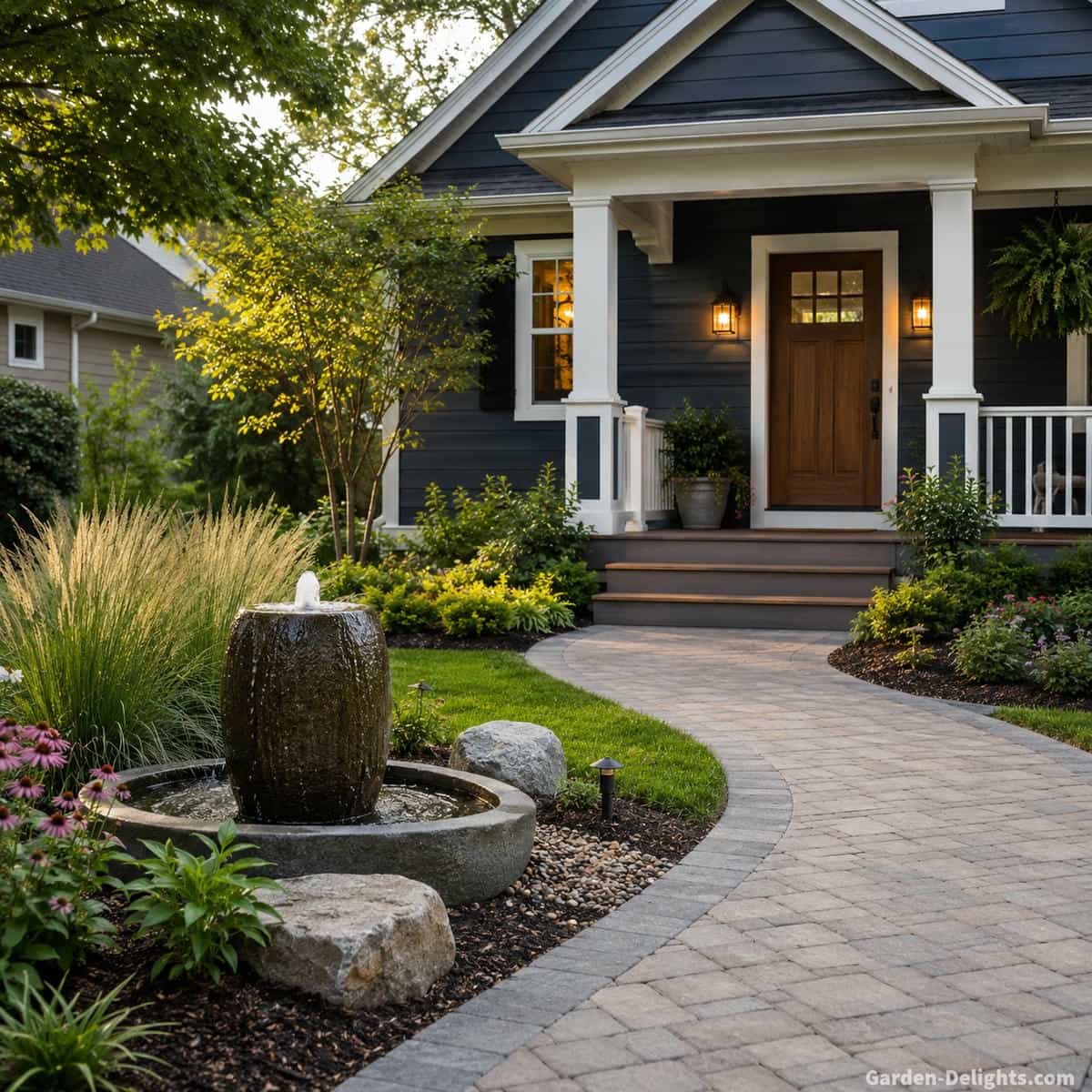 Front yard water fountain placed beside a welcoming covered porch and curved entrance walkway with low foundation planting, natural stone, ornamental grasses and clear views toward the front door