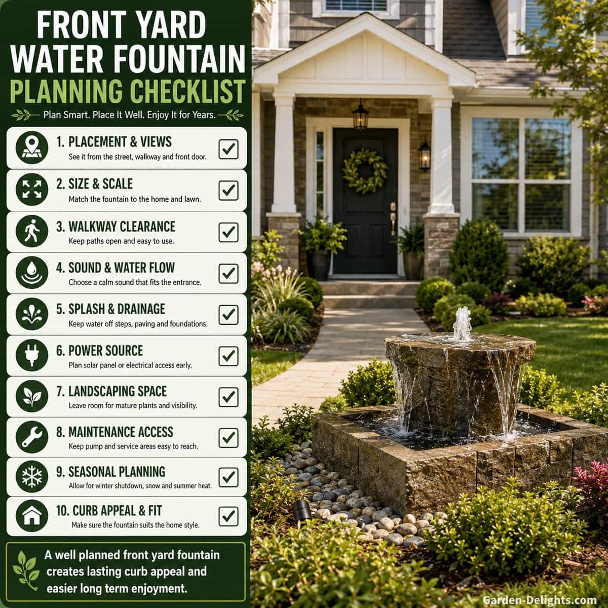 Front yard water fountain planning checklist beside a welcoming residential entrance showing balanced fountain scale, walkway clearance, low landscaping, power access, controlled splash and open maintenance space