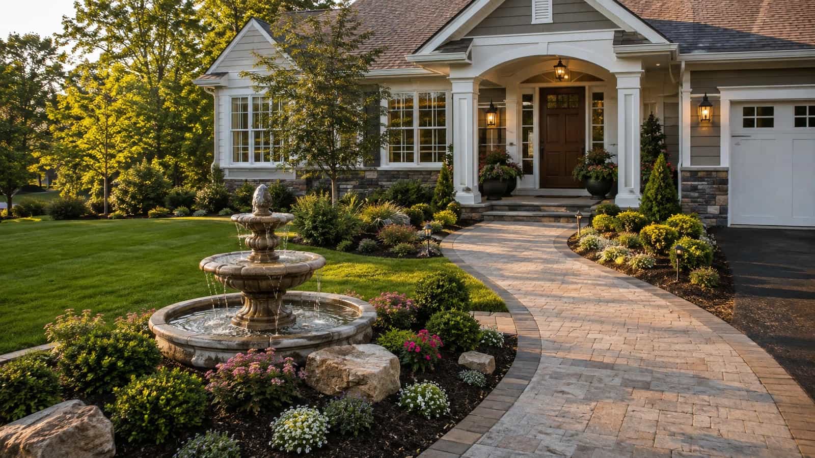 Front yard water fountain beside a welcoming residential entrance with walkway, foundation planting, lawn and balanced landscaping scaled to the home