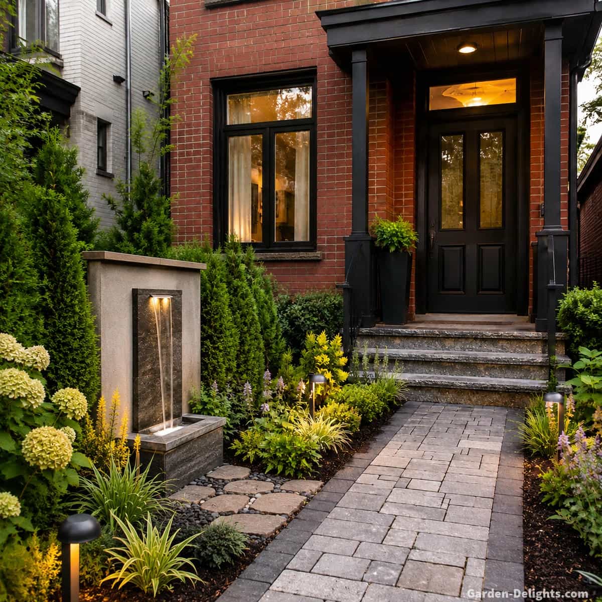 Small front yard wall water fountain beside a narrow townhouse entrance with a compact paver walkway, low shrubs, ornamental grasses, flowering plants and gentle vertical water flow