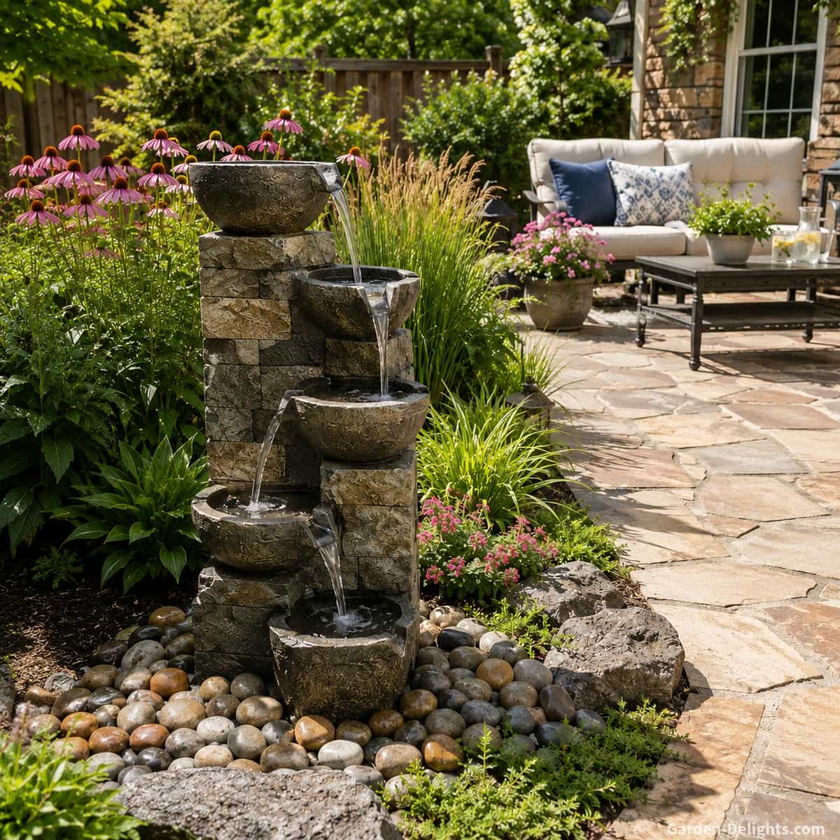 Small cascading garden fountain beside a natural stone patio as the water flow is adjusted by hand, with smooth river rock, ornamental grasses and gentle trickling water creating calm acoustic comfort and a peaceful outdoor retreat