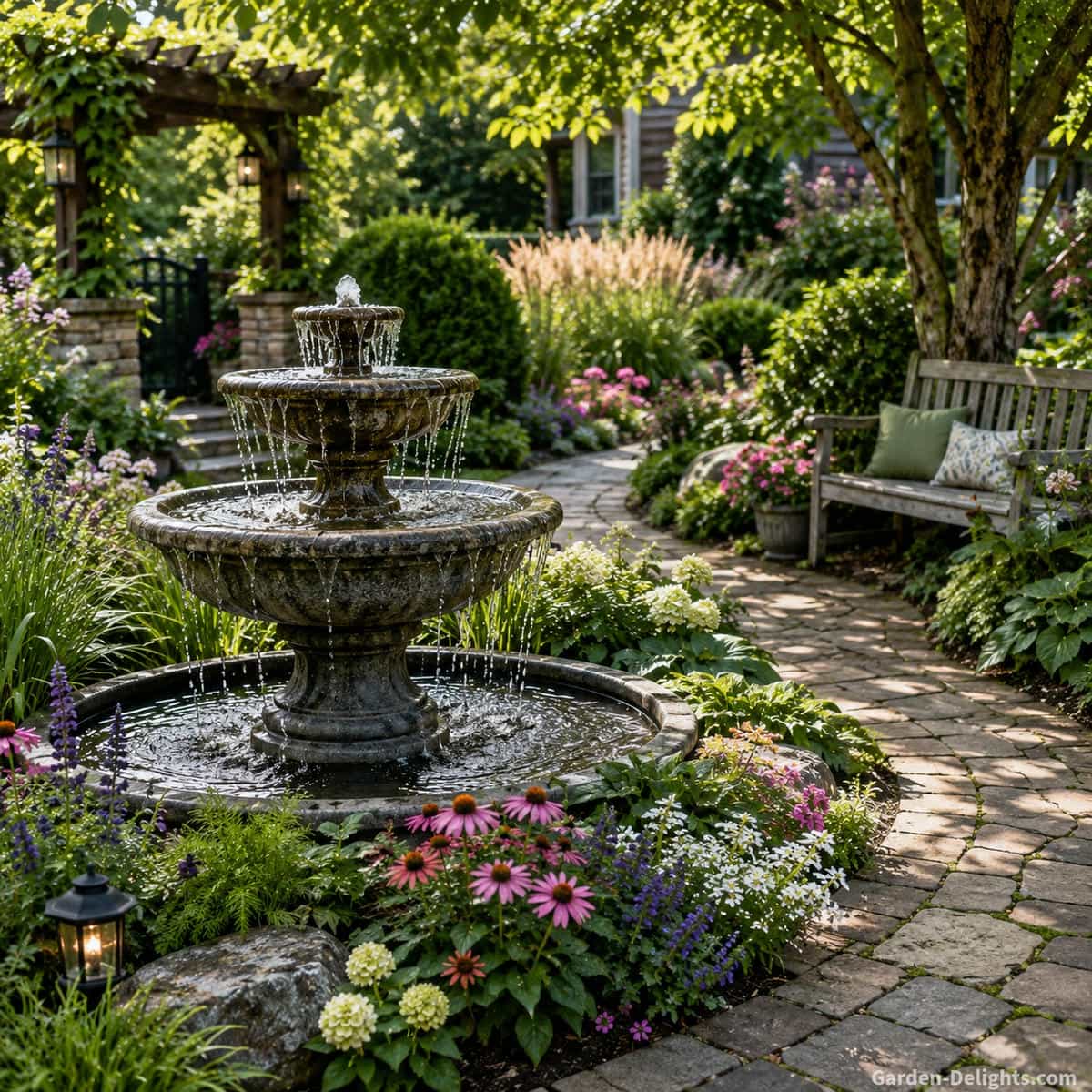 Landscaped backyard garden with a balanced water fountain surrounded by flowering perennials, ornamental grasses, mature shrubs, natural stone edging, curved pathways and a peaceful bench viewing area