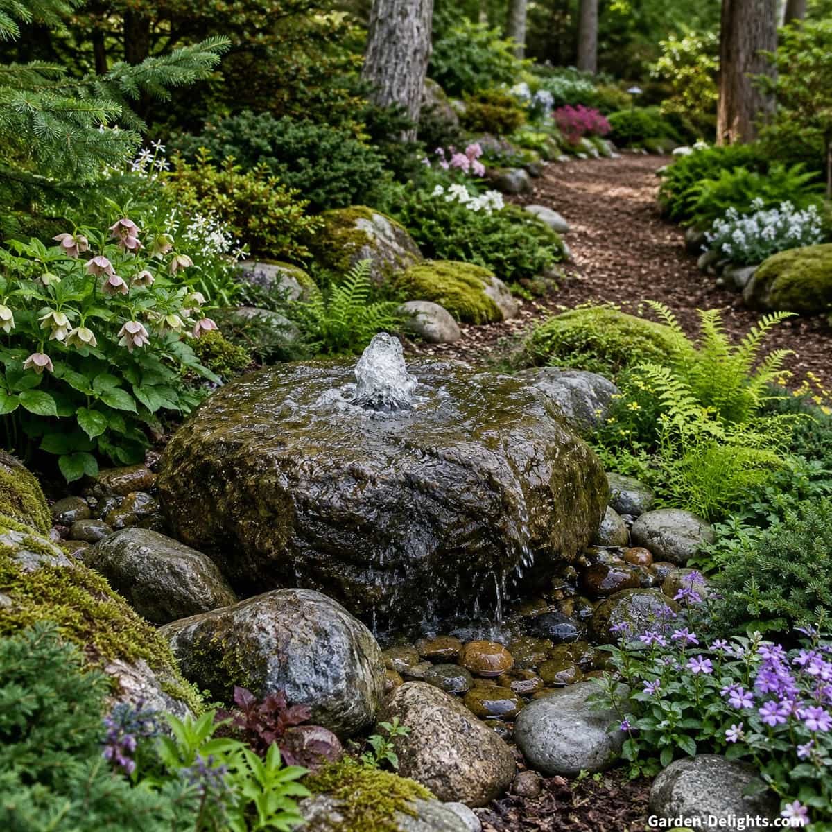 Natural bubbling rock garden fountain surrounded by moss covered boulders, evergreen shrubs, ferns and flowering groundcovers beside a winding woodland path