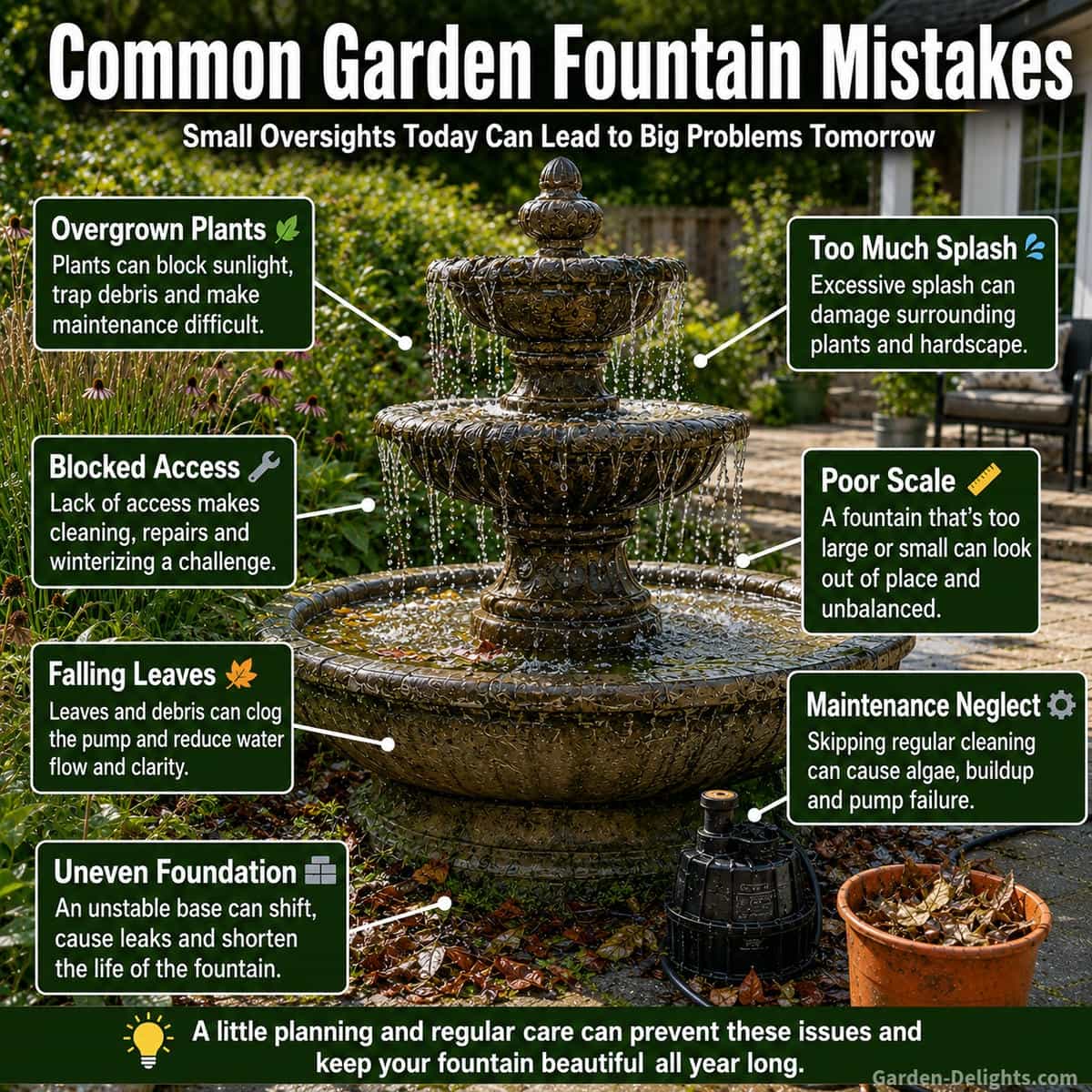 Garden water fountain showing common landscape mistakes including overgrown plants, blocked pump access, excessive splash, poor scale, falling leaves and an uneven foundation