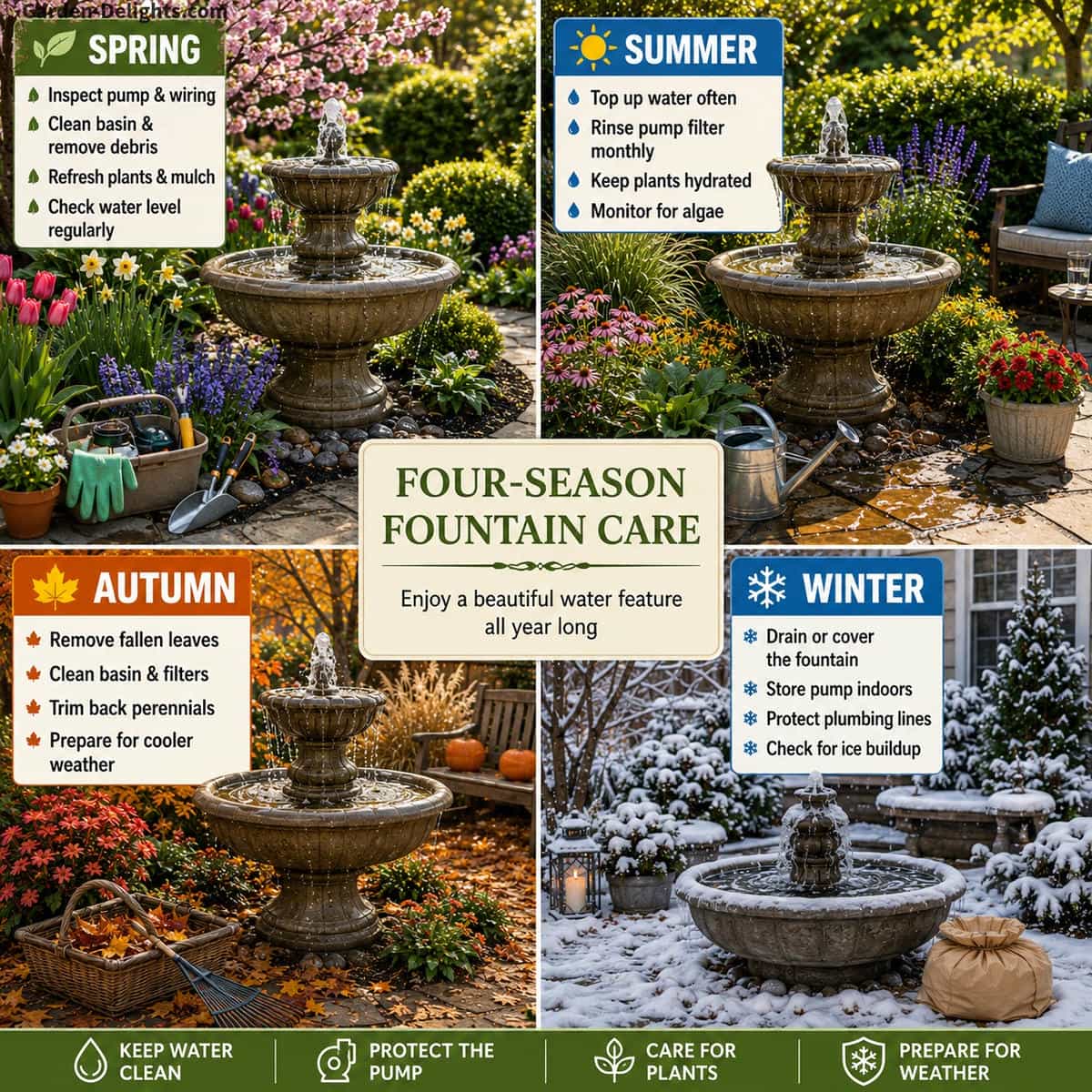 Four season garden fountain maintenance infographic showing spring pump inspection, summer water care, autumn leaf removal and winter drainage with the same fountain in seasonal garden settings