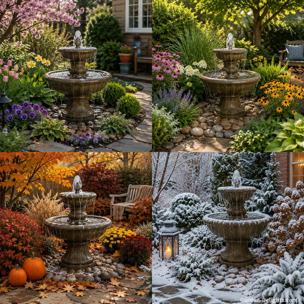 Outdoor garden water fountain surrounded by seasonal flowers, ornamental grasses, autumn leaves and cold weather planting showing year round landscape and fountain care needs