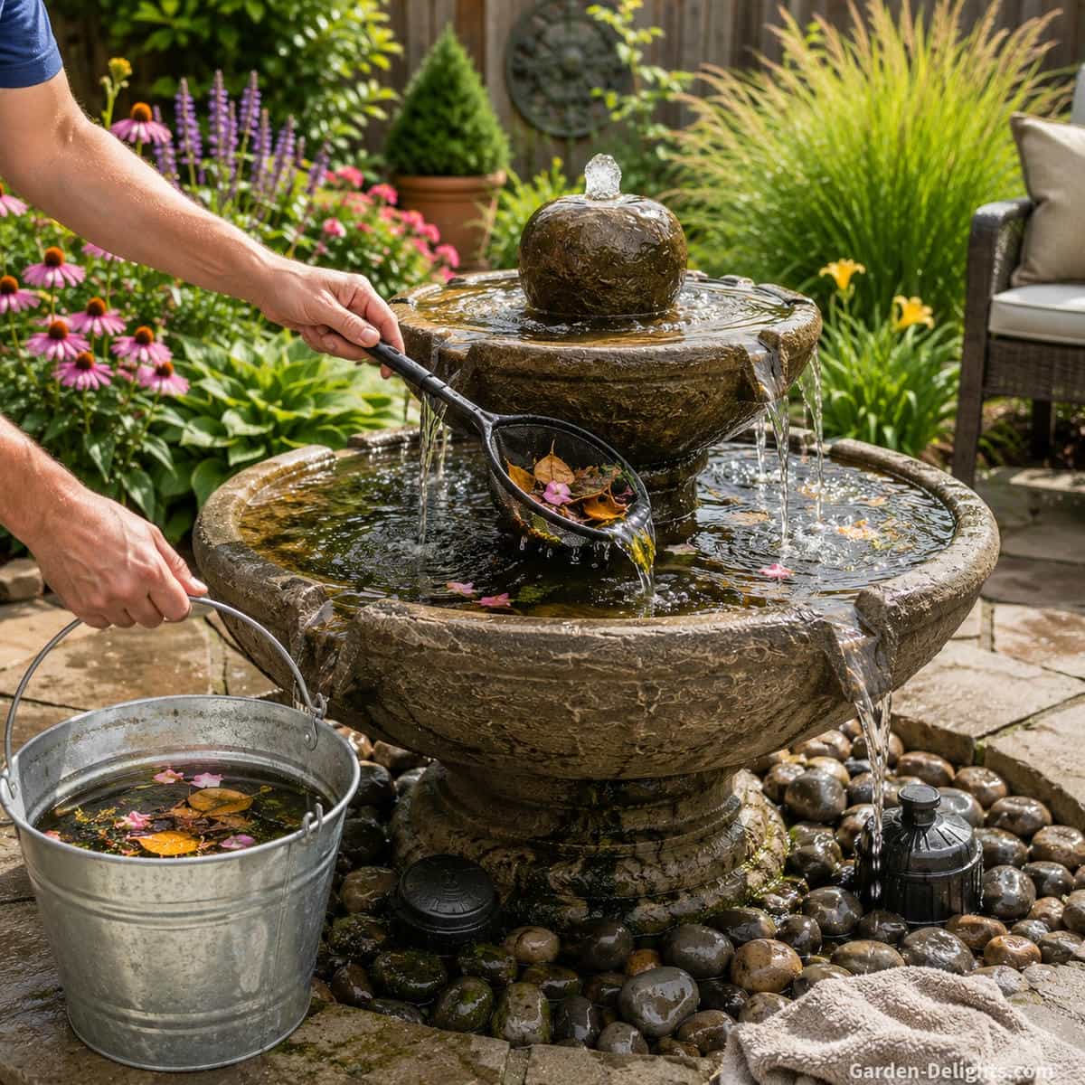 Cleaning a garden water fountain by removing leaves, flower petals and algae while maintaining clear water, healthy pump circulation and easy maintenance access in a landscaped backyard