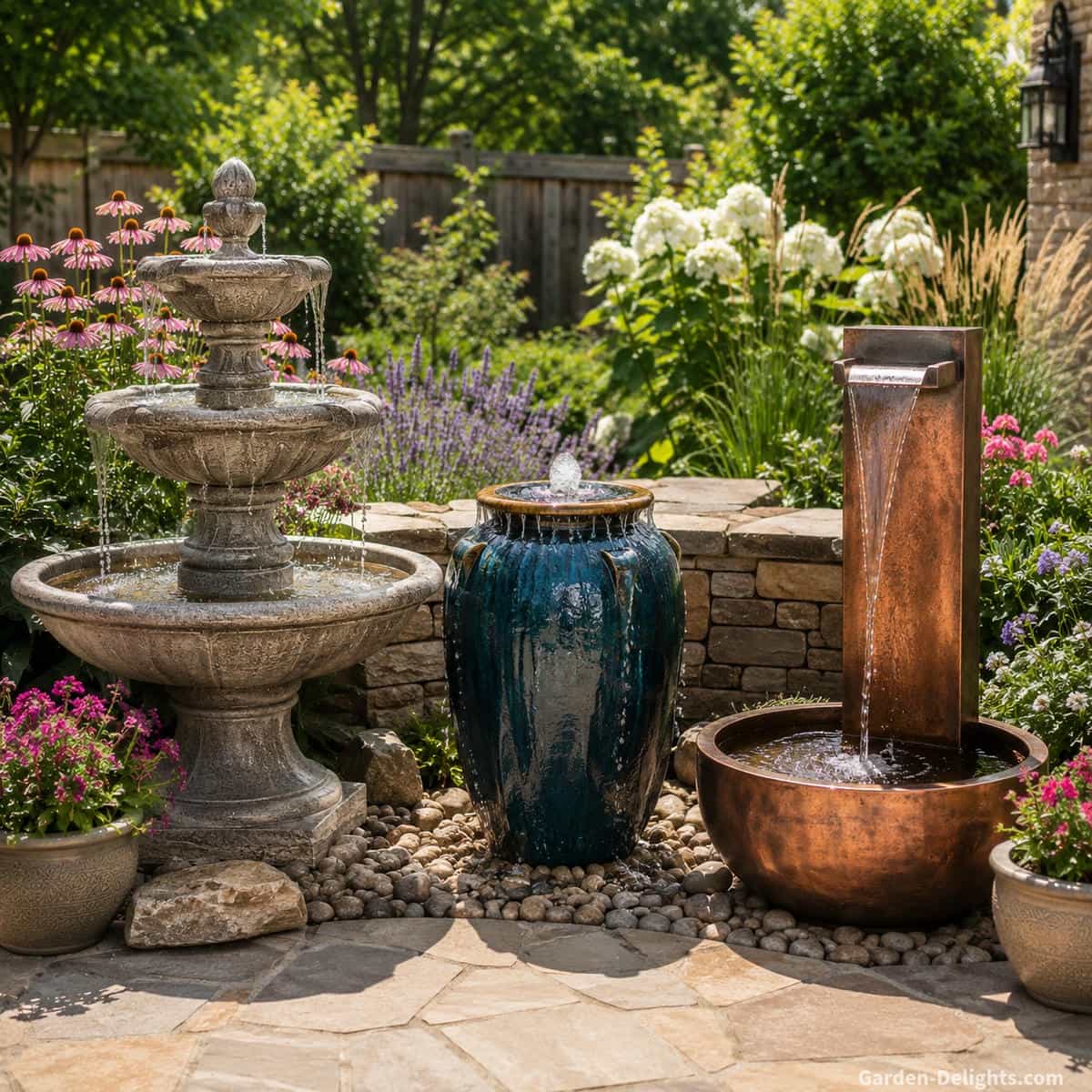 Garden display comparing a cast stone tiered fountain, glazed ceramic urn fountain and modern copper fountain with gentle flowing water beside flowering perennials, ornamental grasses and natural stone, creating peaceful balance and lasting outdoor harmony