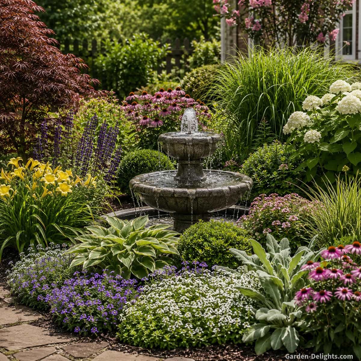 Garden water fountain surrounded by layered flower beds with low groundcovers, colorful perennials, ornamental grasses and mature shrubs arranged for visibility and maintenance access