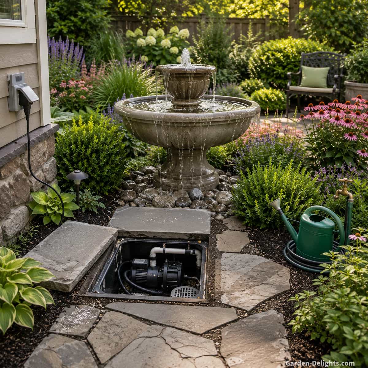Garden fountain with concealed outdoor power, accessible pump compartment, clear maintenance path, nearby water source and trimmed plants surrounding the basin