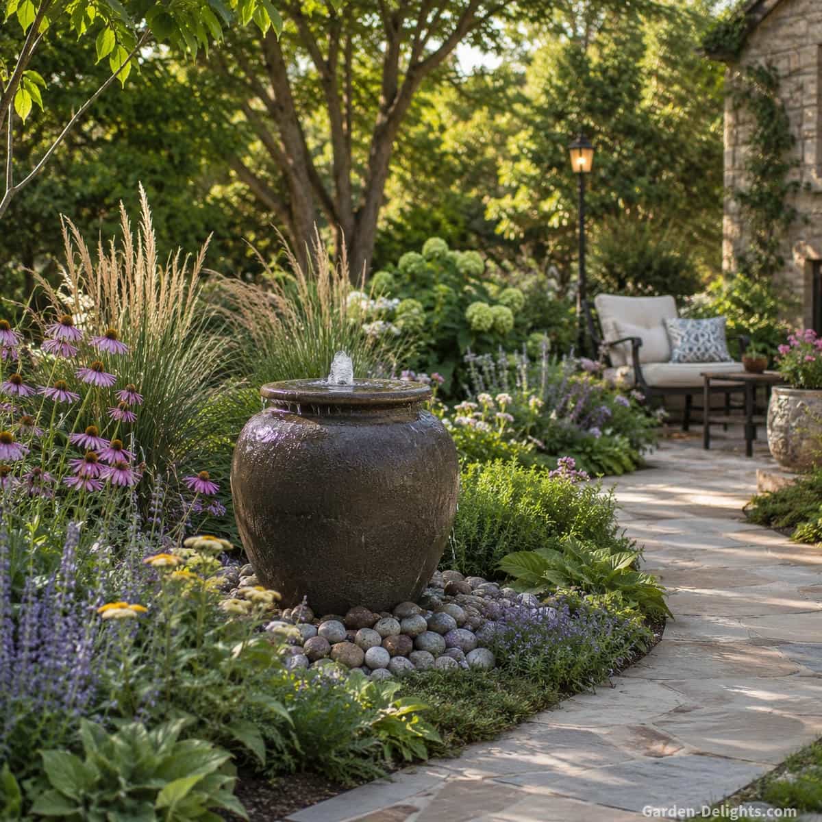 Proportionate urn garden fountain with gentle bubbling water placed in a medium landscape beside flowering perennials, ornamental grasses, a curved pathway and a peaceful seating area