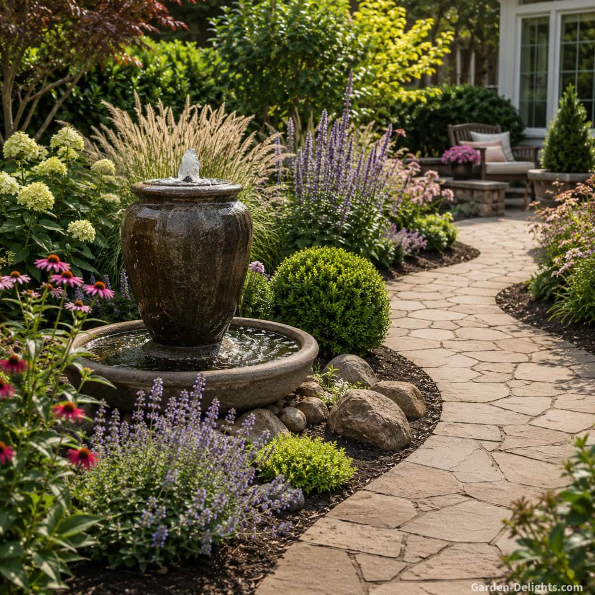 Medium urn garden fountain beside mature flowering perennials, ornamental grasses, natural stone and a curved path showing balanced size, planting height and visual proportion